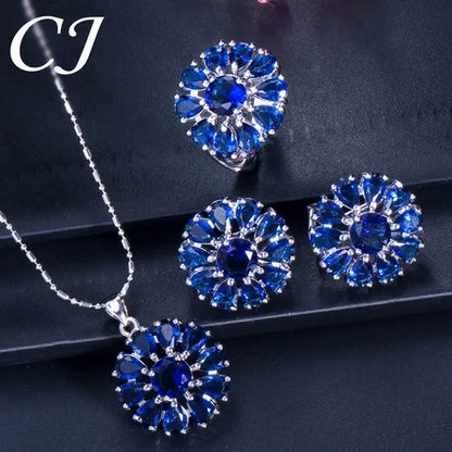 CANDICE BLUE Zirconia Stone Flower Stud Earrings Necklace Ring Fashion Sterling Silver Plated Jewelry for Christmas Party - WORLD TIME VISITS