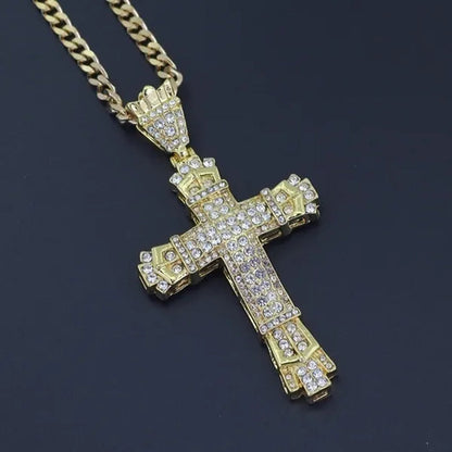 Fashion 24K Gold 925 Silver Cross Diamond Pendant Men's Punk Jewelry Rhinestone Religious Pendant Necklace