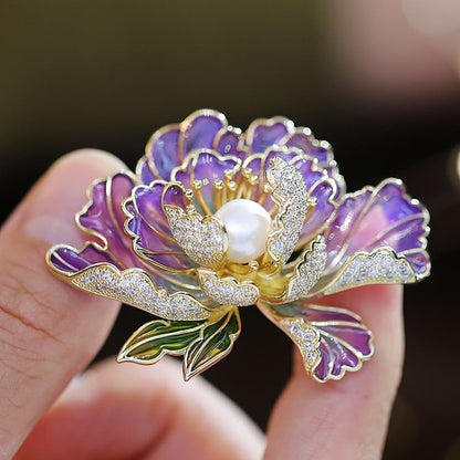 Dainty Flower Brooch Pins for Women Graceful Cubic Zircon Peony Pearl Enamel Badges Lapel Pins Trendy Banquet Prom Dress Jewelry Accessories Gift