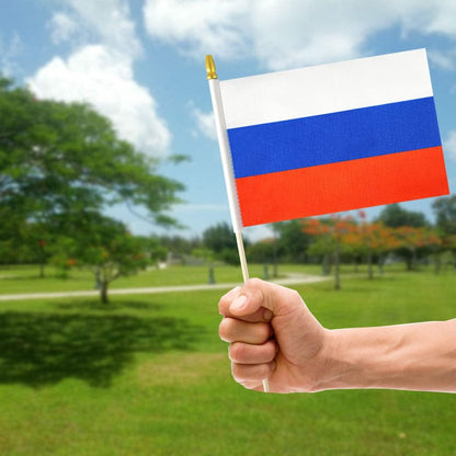 Russia Small Flag Russian Stick Mini Hand Held Flags - Solid Wooden Pole with Spear Top, 12 Pack