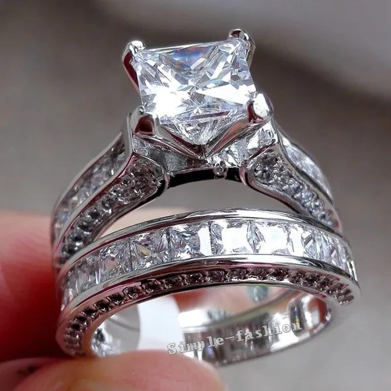 Fashion Women Princess Cut Diamonique White Topaz 925 Sterling Silver Wedding Ring Set Gift