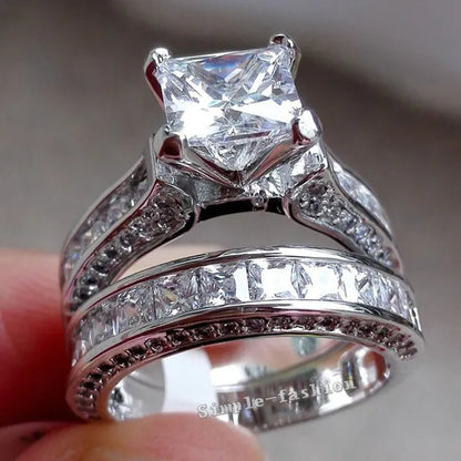 Fashion Women Princess Cut Diamonique White Topaz 925 Sterling Silver Wedding Ring Set Gift