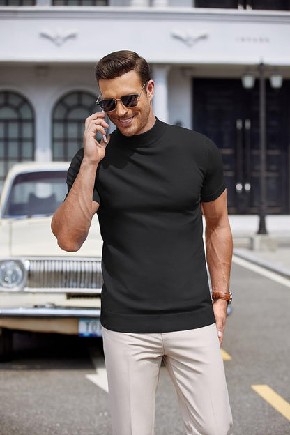 Mens Mock Turtleneck Sweater Short Sleeve Casual Dress Sweater Slim Fit Pullover Basic Knit Tee - WORLD TIME VISITS