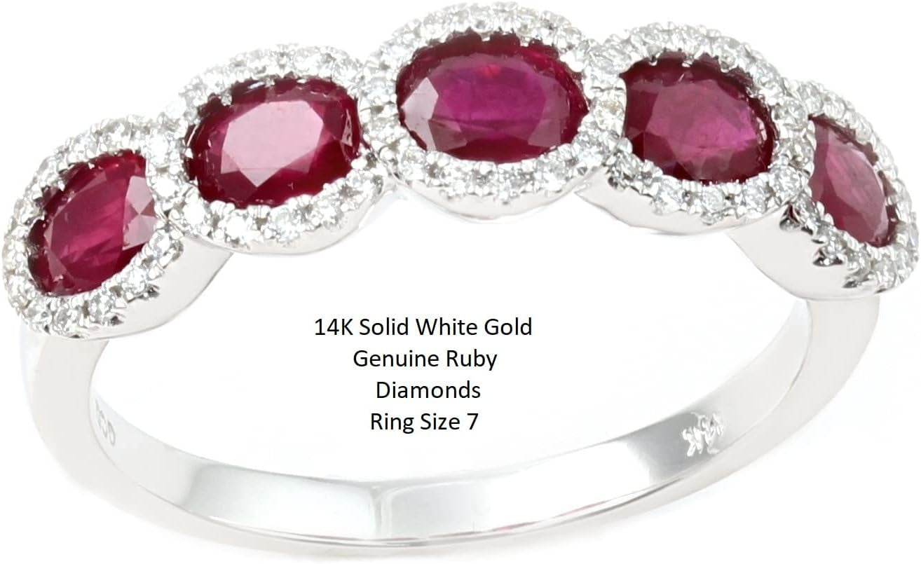 14K White Gold Genuine Ruby 1-3/8Ct Oval, Diamonds Band Ring, Size 7