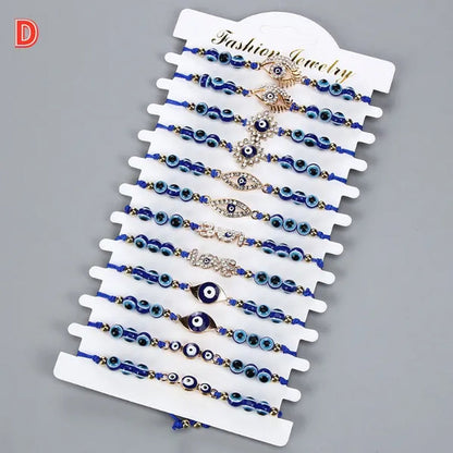 12 Pcs/Set Bohemian Handmade Braided Rope Charm Bracelets Rhinestone Blue Round Beads Evil Eye Bracelet  for Women Men Friendship Jewelry Gifts