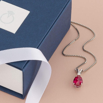 14K White Gold 2.50 Carats Created Ruby with Genuine Diamond Pendant, Elegant Teardrop Solitaire, AAA Grade Pear Shape 10X7Mm
