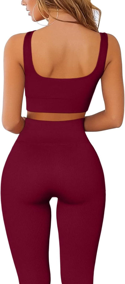 Ribbed Workout Outfits for Women 2 Piece Seamless Sport Bra High Waist Yoga Leggings Sets