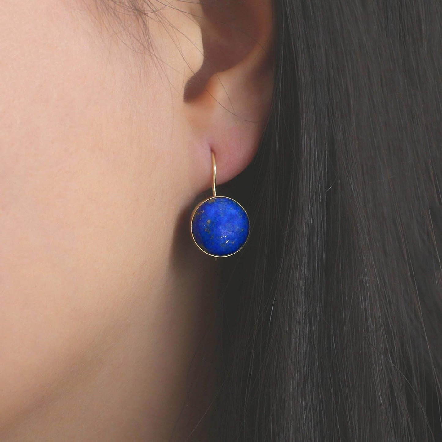 14K Gold Blue Lapis Lazuli Earrings - 14K Solid Yellow Gold Drop Earrings, 12Mm Natural Stone - December Libra Birthstone, Genuine Dark Blue Gemstone, Minimalist Handmade Jewelry Statement Earrings - WORLD TIME VISITS