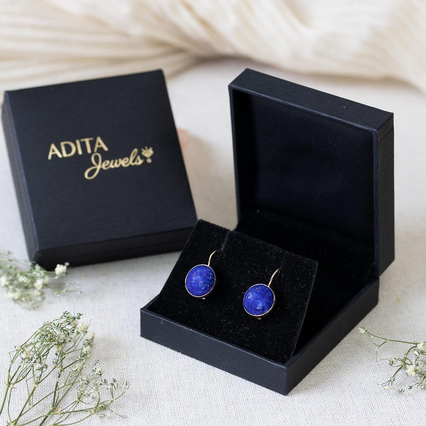 14K Gold Blue Lapis Lazuli Earrings - 14K Solid Yellow Gold Drop Earrings, 12Mm Natural Stone - December Libra Birthstone, Genuine Dark Blue Gemstone, Minimalist Handmade Jewelry Statement Earrings