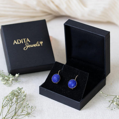 14K Gold Blue Lapis Lazuli Earrings - 14K Solid Yellow Gold Drop Earrings, 12Mm Natural Stone - December Libra Birthstone, Genuine Dark Blue Gemstone, Minimalist Handmade Jewelry Statement Earrings