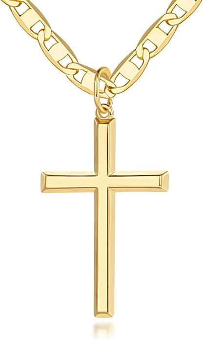 14K Gold Cross Necklace for Women Gold Cross Pendant Figaro Chain Mariner Masculine Appeal 19 INCH - WORLD TIME VISITS