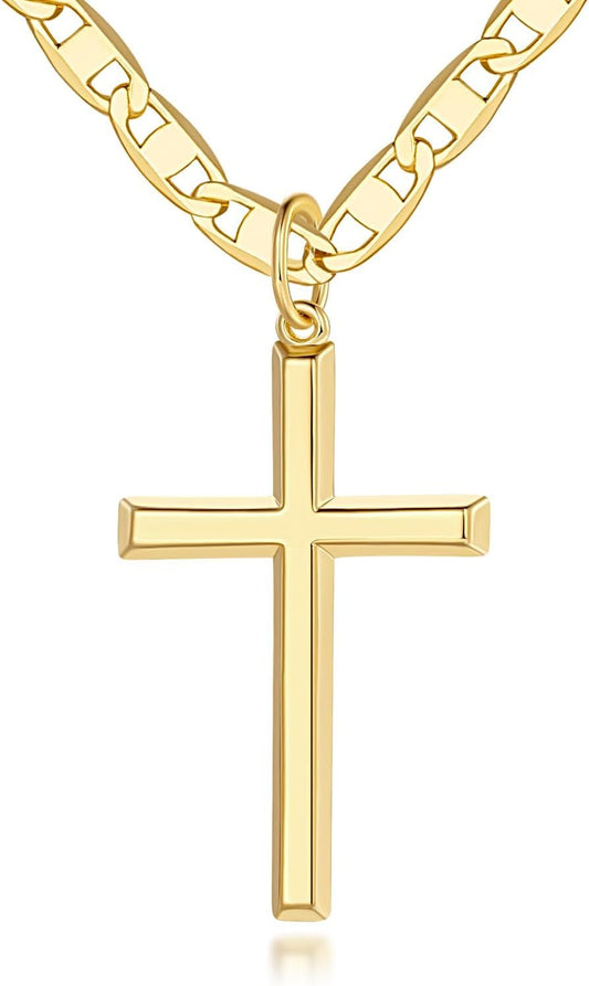 14K Gold Cross Necklace for Women Gold Cross Pendant Figaro Chain Mariner Masculine Appeal 19 INCH - WORLD TIME VISITS