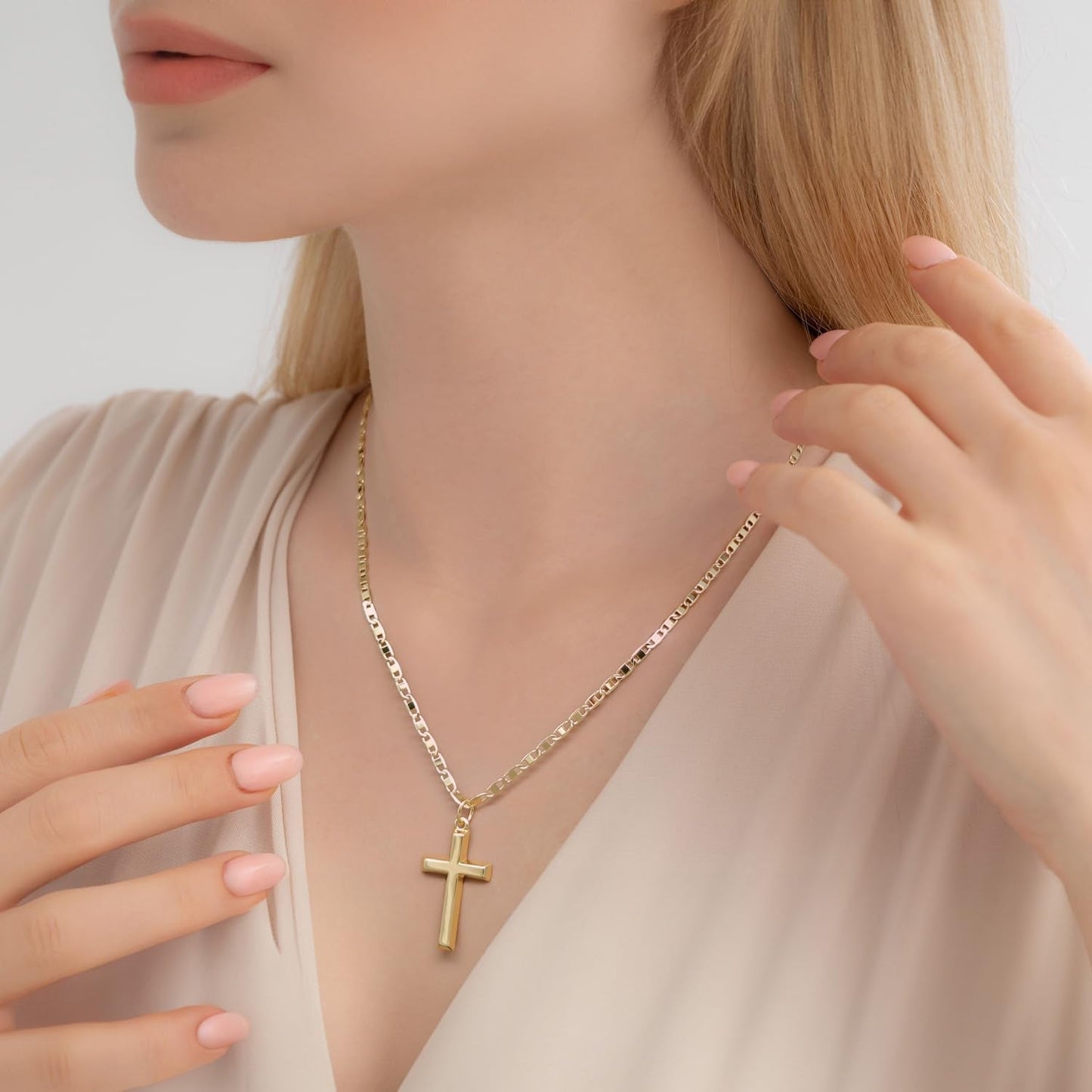 14K Gold Cross Necklace for Women Gold Cross Pendant Figaro Chain Mariner Masculine Appeal 19 INCH