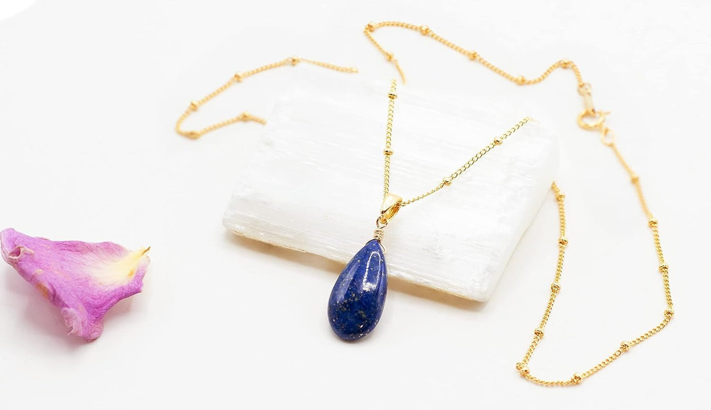 14K Gold - Filled Satellite Chain Necklace with a Smooth Lapis Lazuli Pendant, 18" for Men, Women, and Teens. Perfect for Special Occasions or Every Day Wear - WORLD TIME VISITS