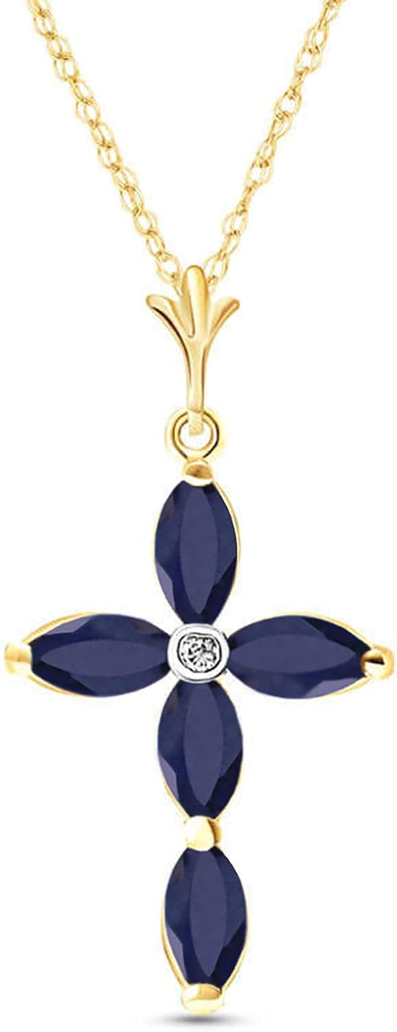 14K Gold Genuine Diamond & Blue Sapphire Cross Pendant Necklace - WORLD TIME VISITS