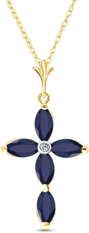 14K Gold Genuine Diamond & Blue Sapphire Cross Pendant Necklace