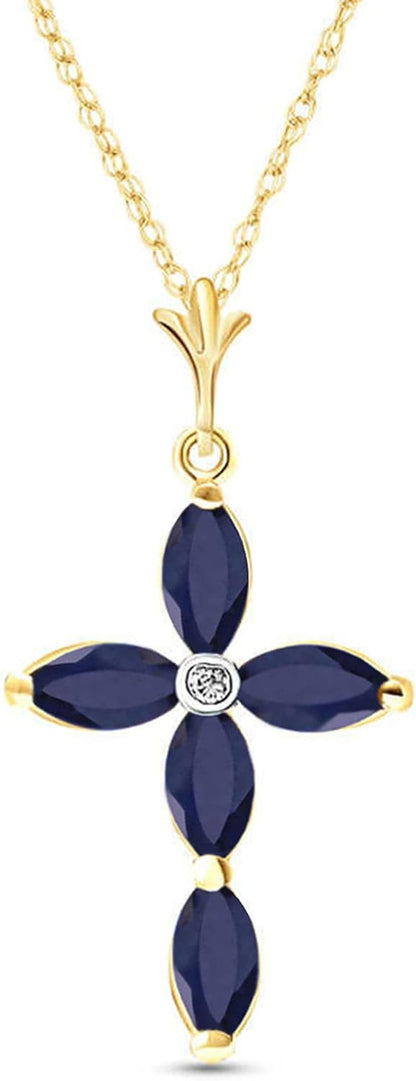 14K Gold Genuine Diamond & Blue Sapphire Cross Pendant Necklace - WORLD TIME VISITS
