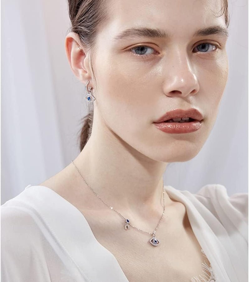 14K Gold Moissanite Evil Eye Necklace, Sapphire Necklace for Women, Evil Eye Pendant, Gift for Her (White, 14K)