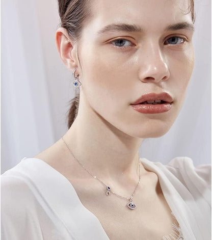 14K Gold Moissanite Evil Eye Necklace, Sapphire Necklace for Women, Evil Eye Pendant, Gift for Her (White, 14K)