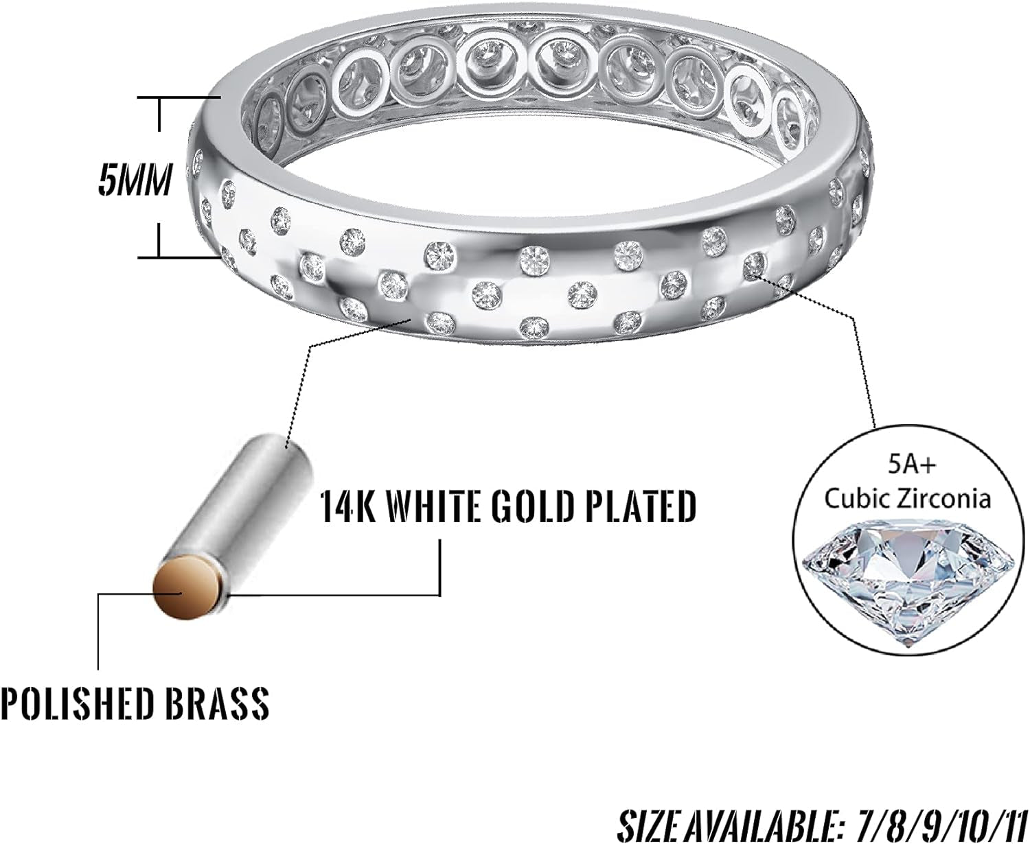 14K Gold Plated Inlaid round CZ Diamond Wedding Band Statement Ring for Men and Women - WORLD TIME VISITS