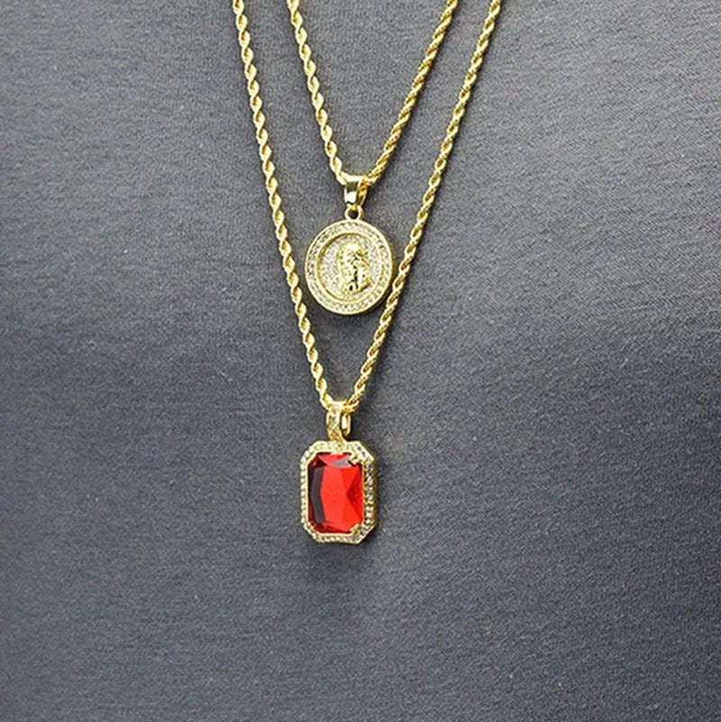 14K Gold Plated Medallion Jesus & Simulated Red Ruby 22"&27" Combo Pendant Chain Necklace - WORLD TIME VISITS