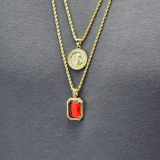 14K Gold Plated Medallion Jesus & Simulated Red Ruby 22"&27" Combo Pendant Chain Necklace - WORLD TIME VISITS