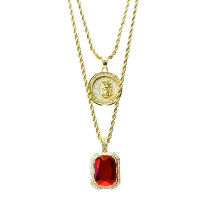 14K Gold Plated Medallion Jesus & Simulated Red Ruby 22"&27" Combo Pendant Chain Necklace