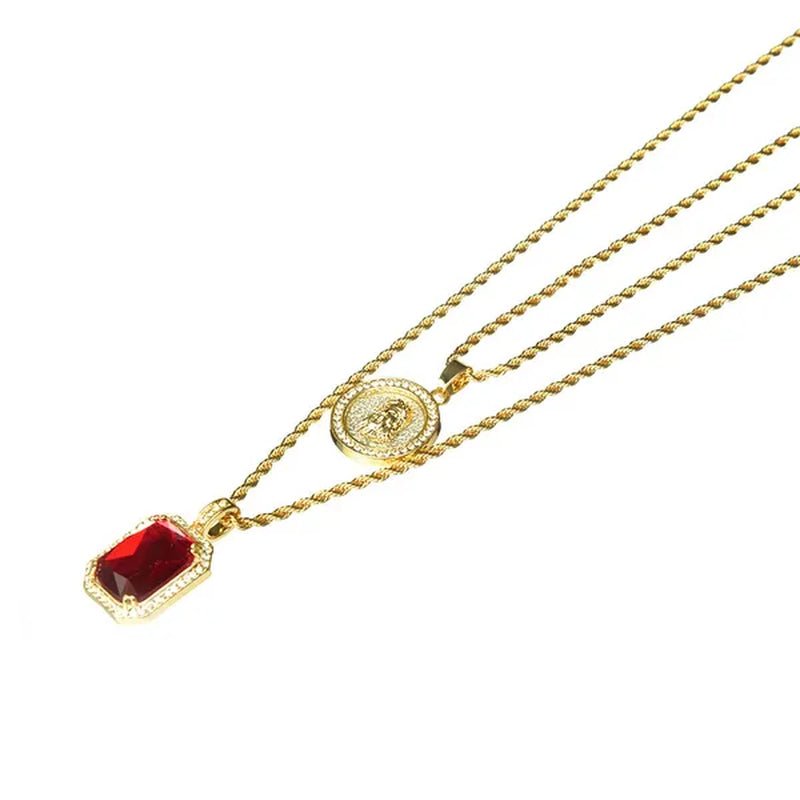 14K Gold Plated Medallion Jesus & Simulated Red Ruby 22"&27" Combo Pendant Chain Necklace