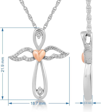 14K Rose Gold over Sterling Silver 1 Cttw Natural White round Diamonds Angel Wing Cross Pendant Eternal Treasures Necklace, 18" Rope Chain