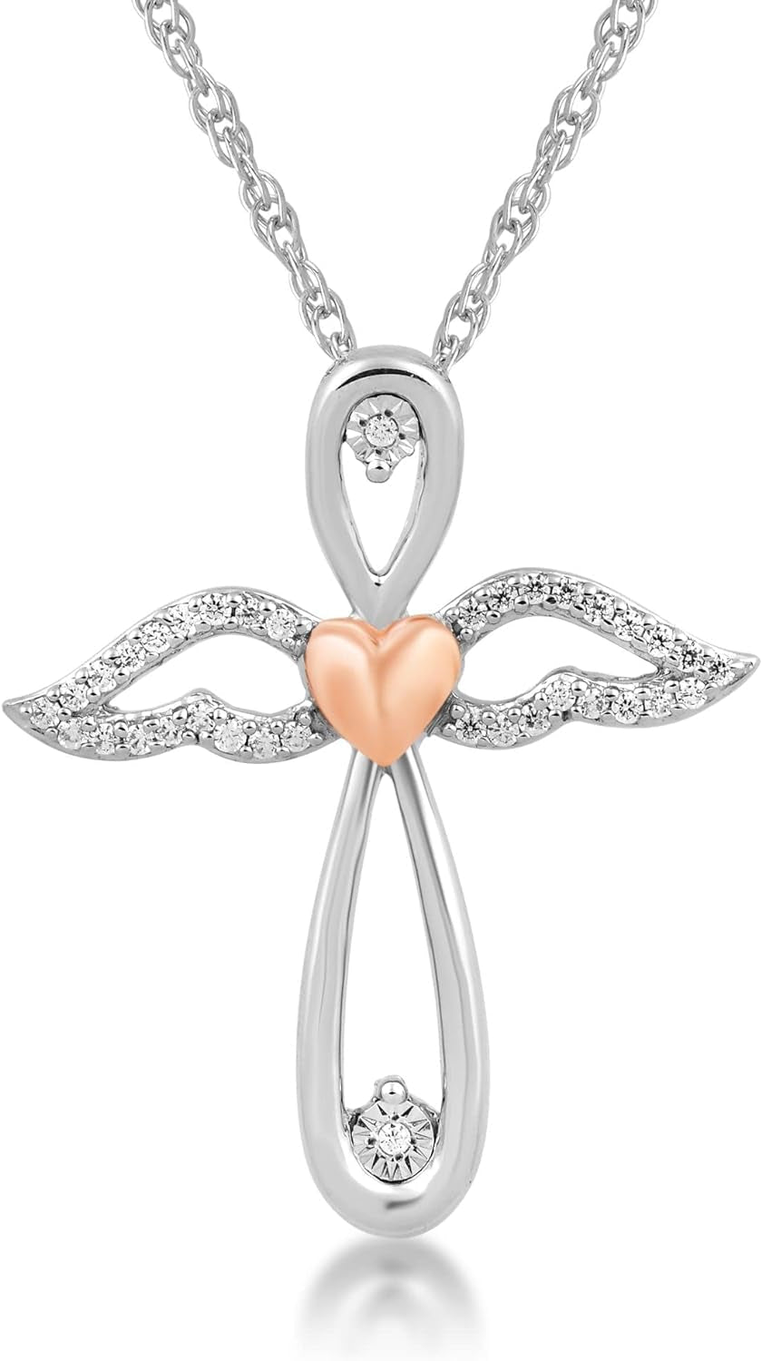 14K Rose Gold over Sterling Silver 1 Cttw Natural White round Diamonds Angel Wing Cross Pendant Eternal Treasures Necklace, 18" Rope Chain - WORLD TIME VISITS