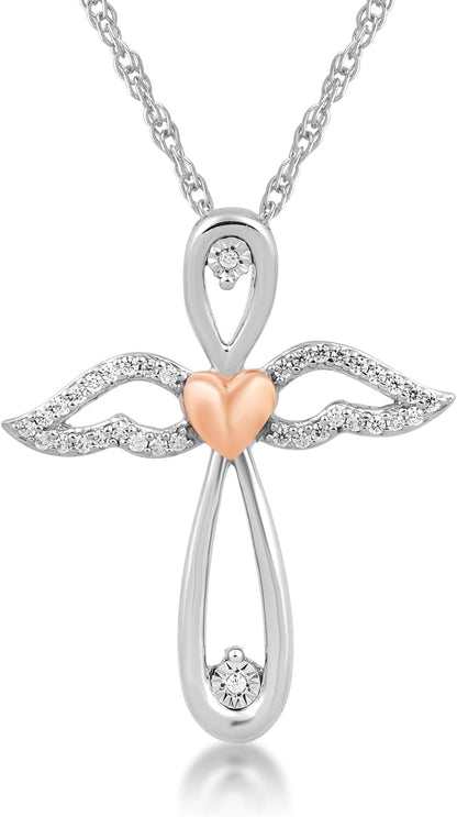 14K Rose Gold over Sterling Silver 1 Cttw Natural White round Diamonds Angel Wing Cross Pendant Eternal Treasures Necklace, 18" Rope Chain - WORLD TIME VISITS