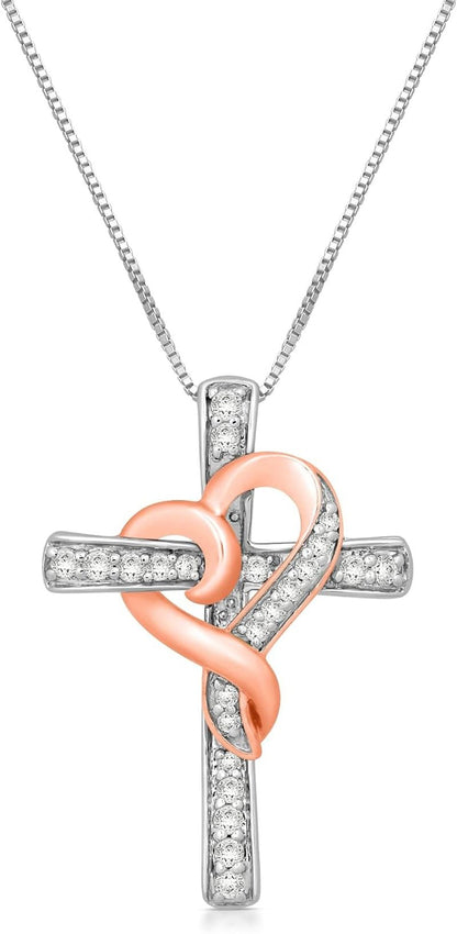 14K Rose Gold over Sterling Silver 1/4 Cttw Natural White round Diamond Heart with Cross Pendant Necklace, 18" Box Chain - WORLD TIME VISITS