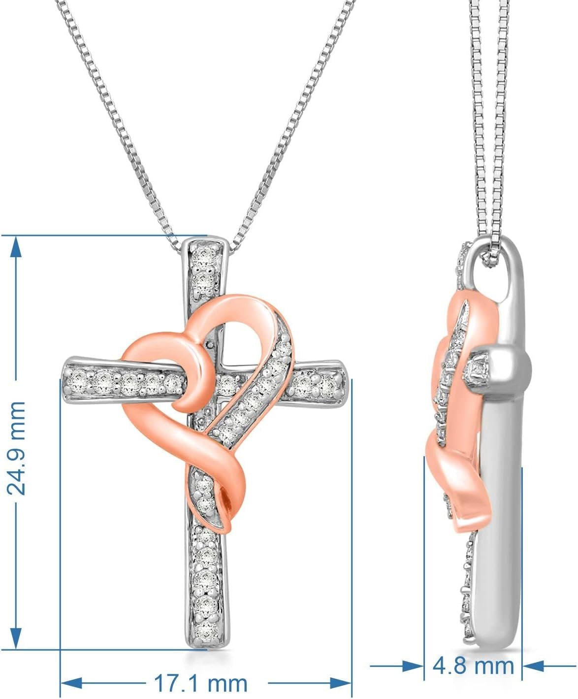 14K Rose Gold over Sterling Silver 1/4 Cttw Natural White round Diamond Heart with Cross Pendant Necklace, 18" Box Chain