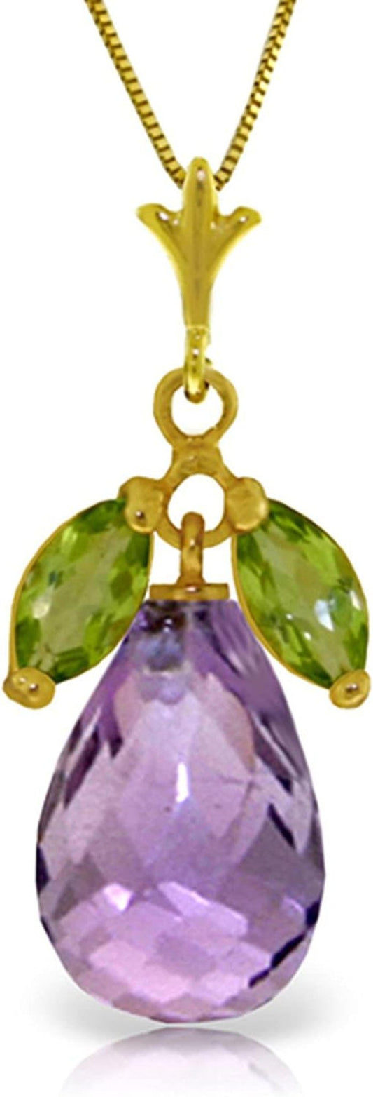 14K Solid Gold 18" Necklace with Amethyst Pendant and Peridot Accents - WORLD TIME VISITS
