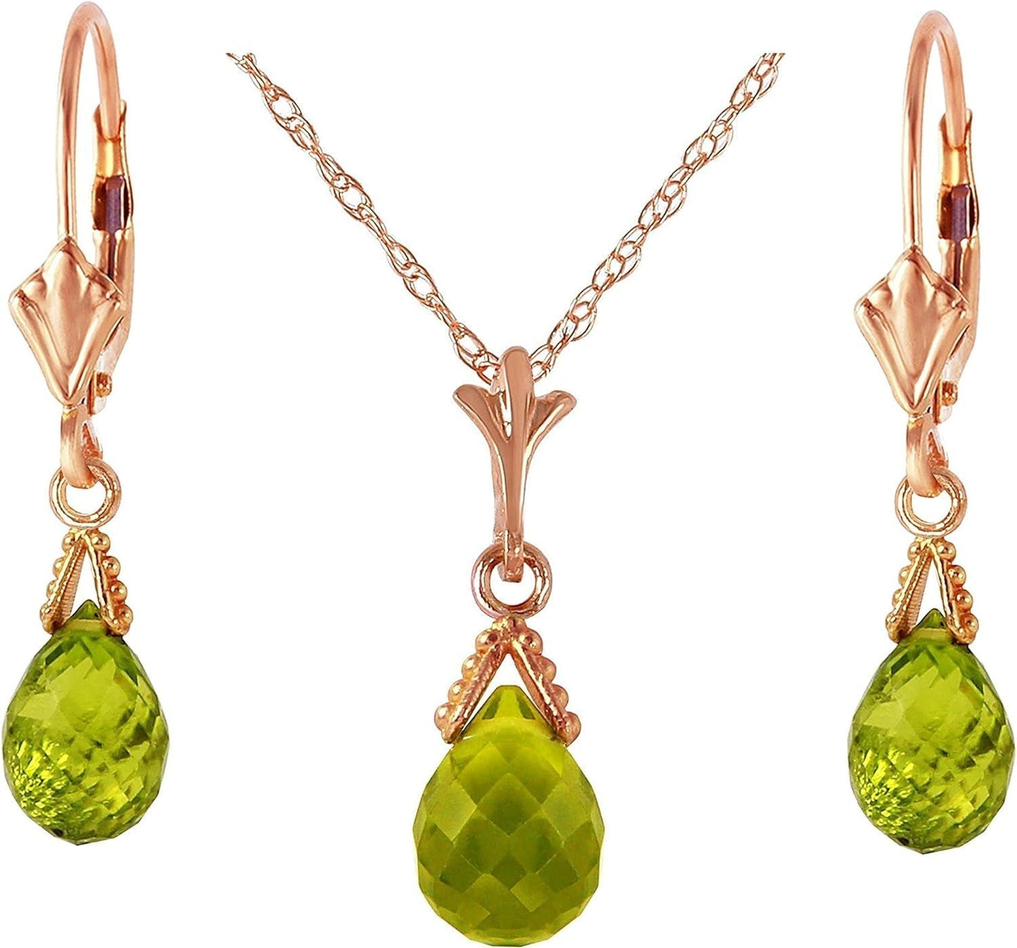 14K Solid Gold Jewelry Set: Natural Briolette 7 Carat Total Peridot Pendant Necklace and Dangle Earrings - WORLD TIME VISITS