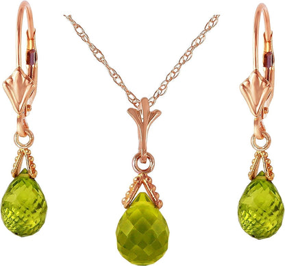 14K Solid Gold Jewelry Set: Natural Briolette 7 Carat Total Peridot Pendant Necklace and Dangle Earrings - WORLD TIME VISITS