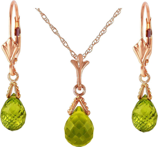 14K Solid Gold Jewelry Set: Natural Briolette 7 Carat Total Peridot Pendant Necklace and Dangle Earrings - WORLD TIME VISITS