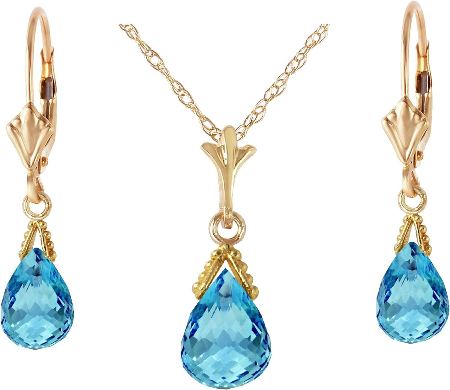 14K Solid Gold Jewelry Set: Natural Briolette Blue Topaz Pendant Necklace and Dangle Earrings - WORLD TIME VISITS