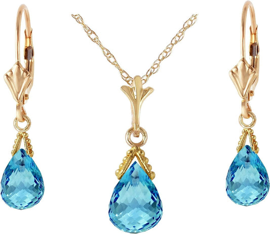 14K Solid Gold Jewelry Set: Natural Briolette Blue Topaz Pendant Necklace and Dangle Earrings - WORLD TIME VISITS