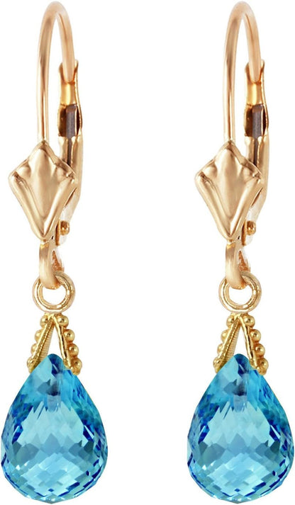 14K Solid Gold Jewelry Set: Natural Briolette Blue Topaz Pendant Necklace and Dangle Earrings