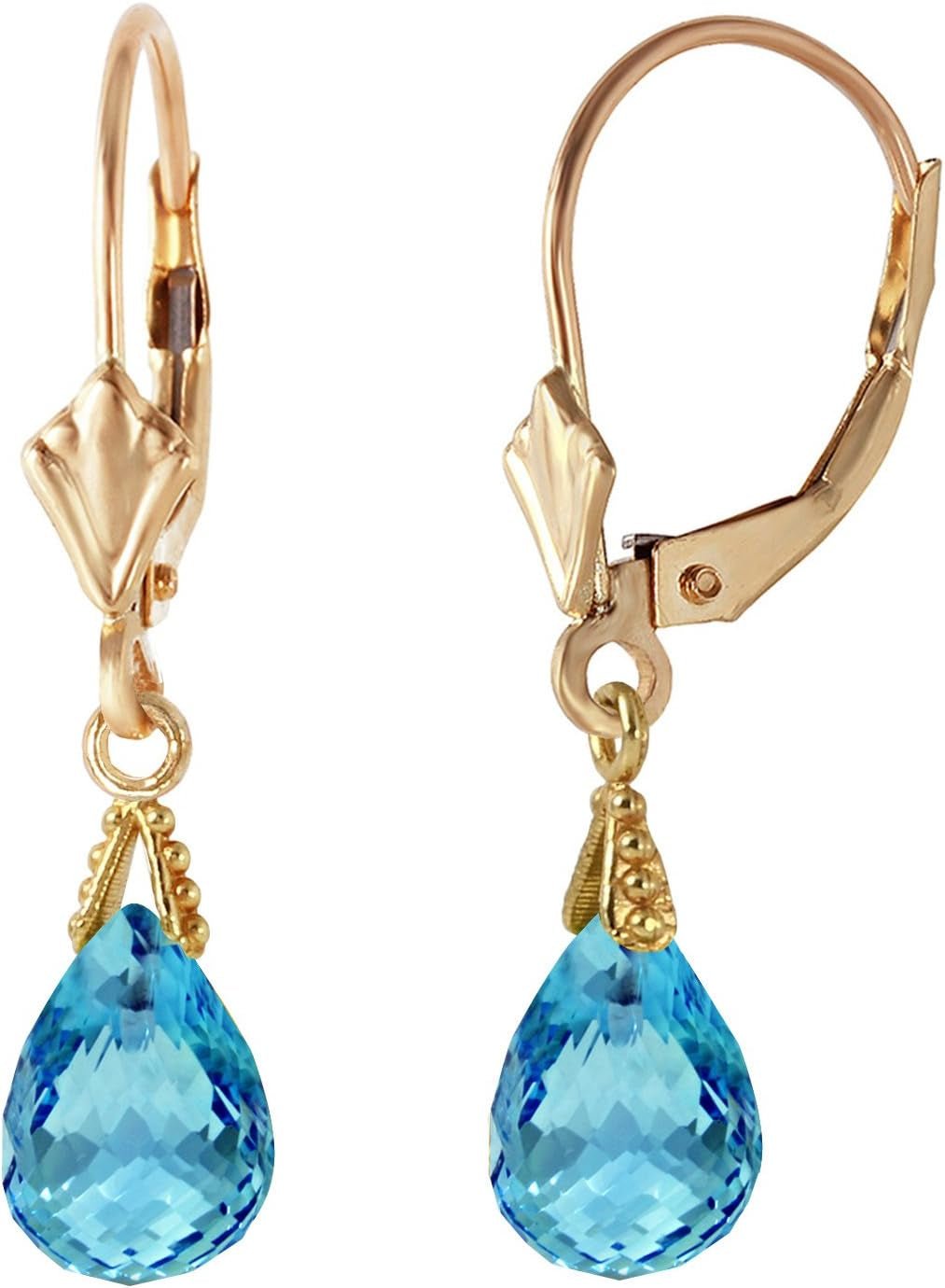 14K Solid Gold Jewelry Set: Natural Briolette Blue Topaz Pendant Necklace and Dangle Earrings