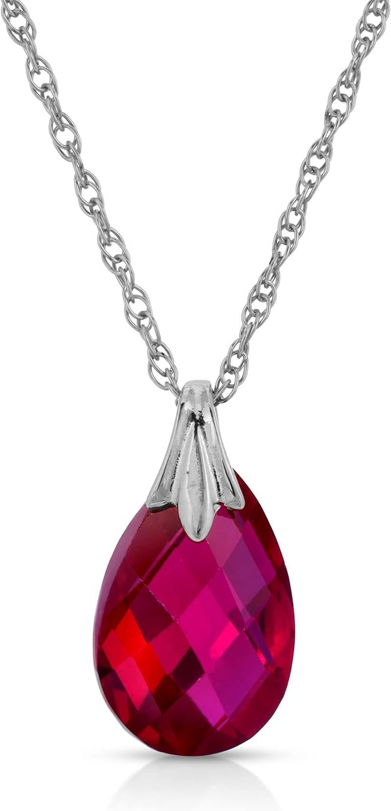 14K Solid White Gold Necklace with Lab. Grown Briolette Shape Checkerboard Cut Genuine Ruby Grade AAA - WORLD TIME VISITS