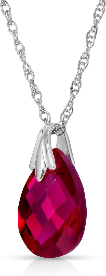 14K Solid White Gold Necklace with Lab. Grown Briolette Shape Checkerboard Cut Genuine Ruby Grade AAA