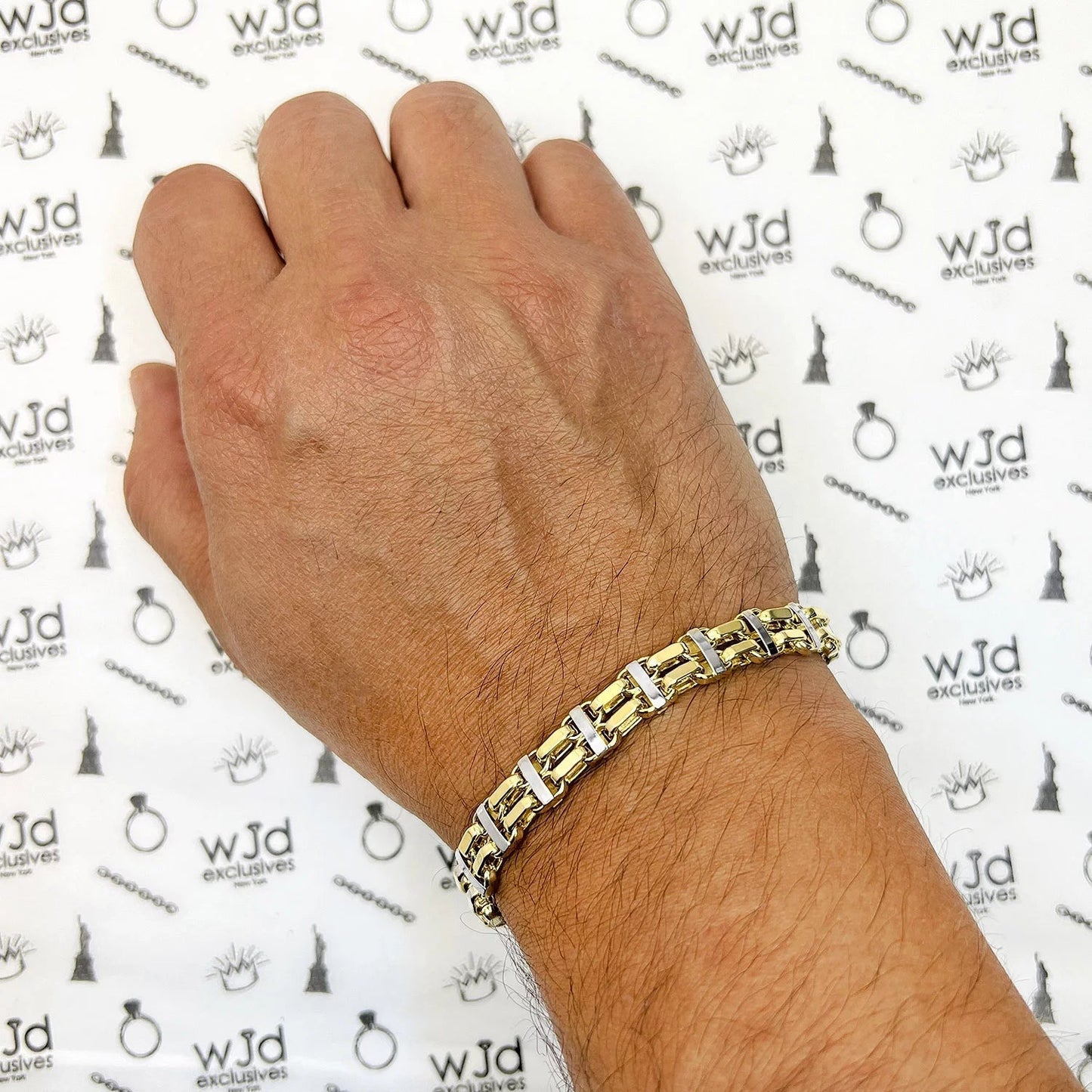 14K Two - Tone Yellow White Gold 8.5Mm Hollow Bike Double Rolo Bracelet 8.5" - WORLD TIME VISITS