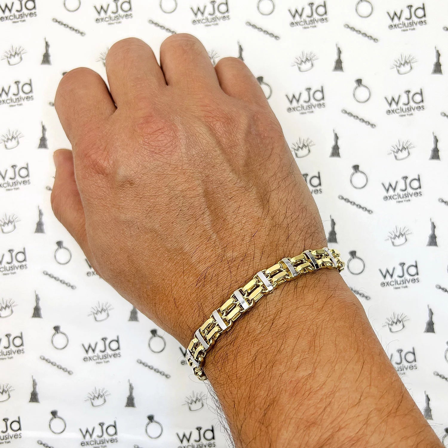14K Two - Tone Yellow White Gold 8.5Mm Hollow Bike Double Rolo Bracelet 8.5" - WORLD TIME VISITS