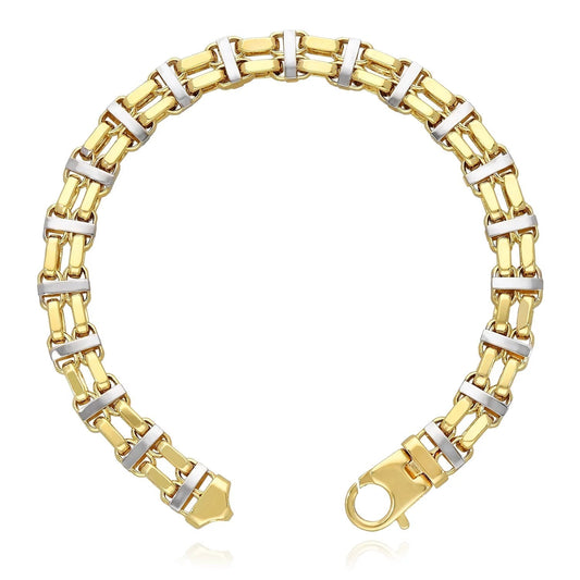 14K Two - Tone Yellow White Gold 8.5Mm Hollow Bike Double Rolo Bracelet 8.5" - WORLD TIME VISITS