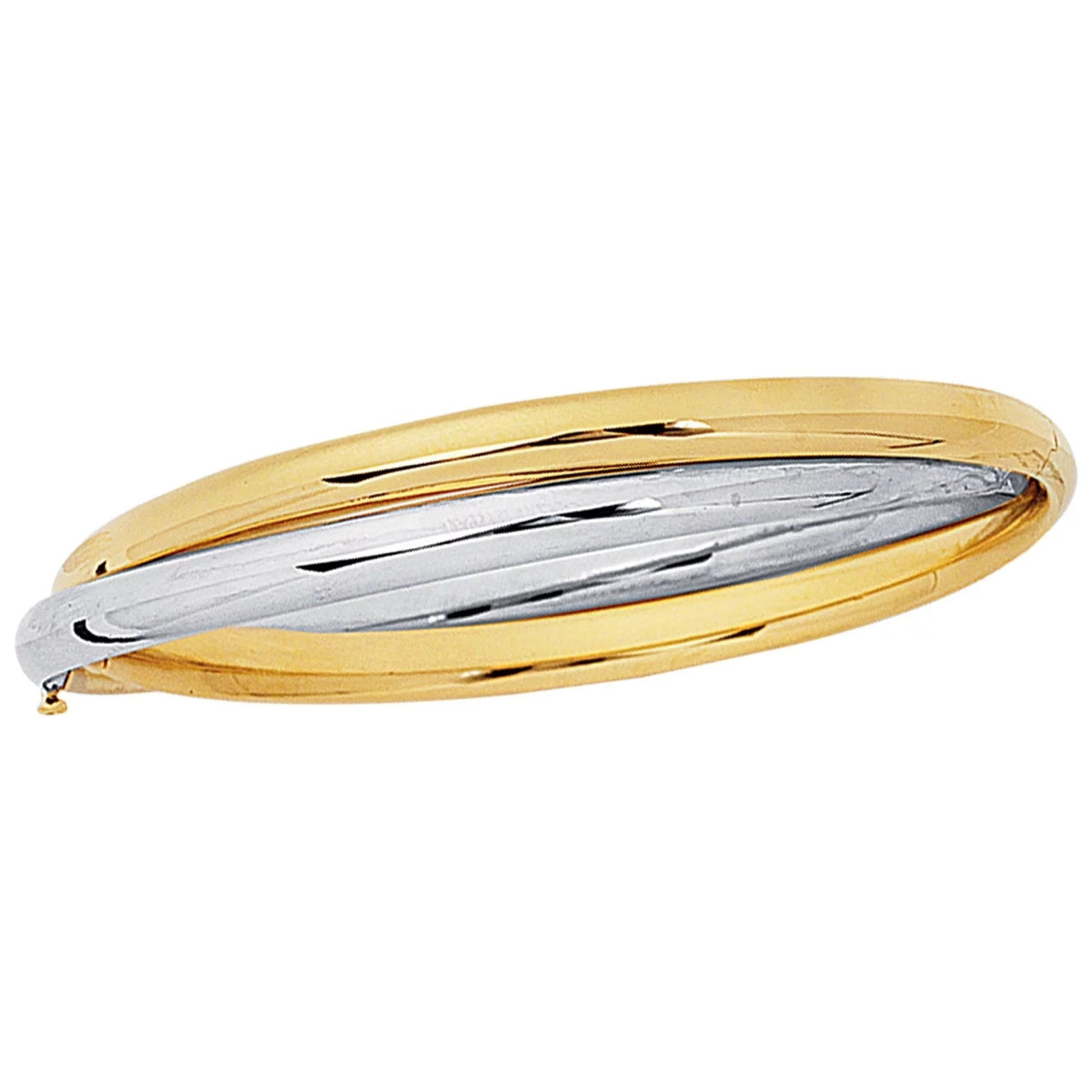 14K Two - Tone Yellow & White Gold Shiny Fancy Double Bangle 7" Bracelet with Clasp - WORLD TIME VISITS
