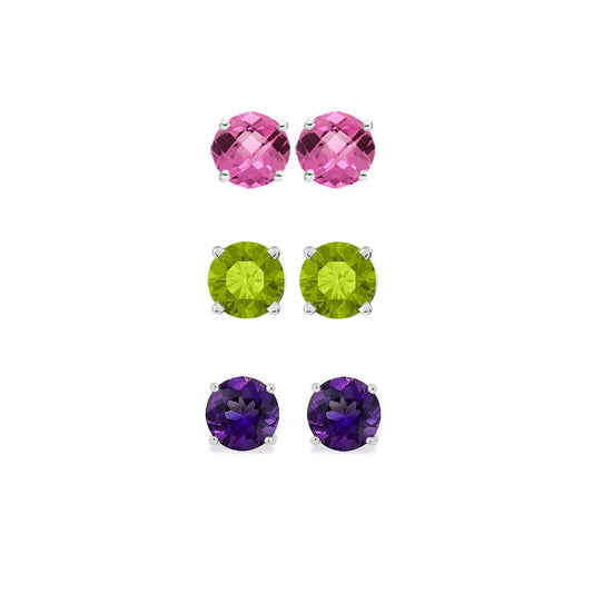 14K White Gold 3Ct Created Pink Sapphire, Peridot and Amethyst 3 Pair round Stud Earrings Plated - WORLD TIME VISITS