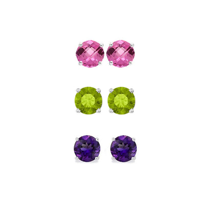 14K White Gold 3Ct Created Pink Sapphire, Peridot and Amethyst 3 Pair round Stud Earrings Plated