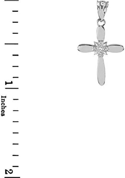 14K White Gold Diamond Accented 1” Solitaire Natal Starburst Flower Petal Cross Crucifix Pendant (?-? Color, I1 Clarity)
